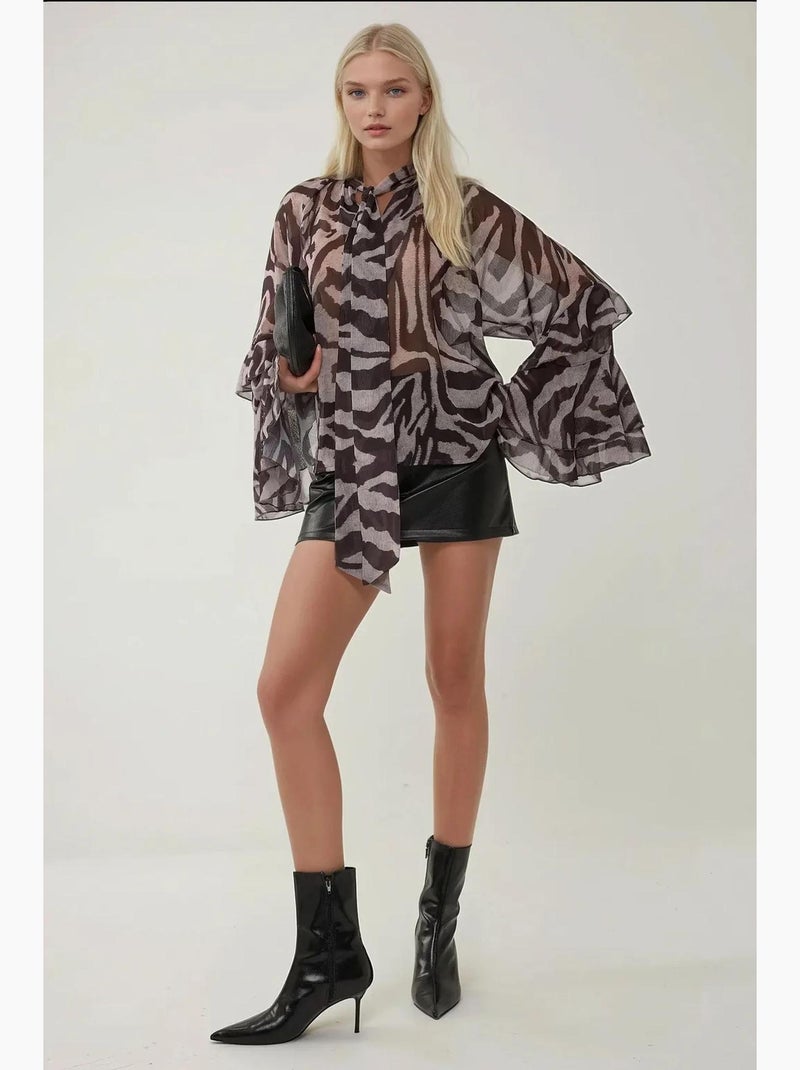 Blouse à volants imprimé zèbre manches longues en voile hiccup Multicolore - Kiabi
