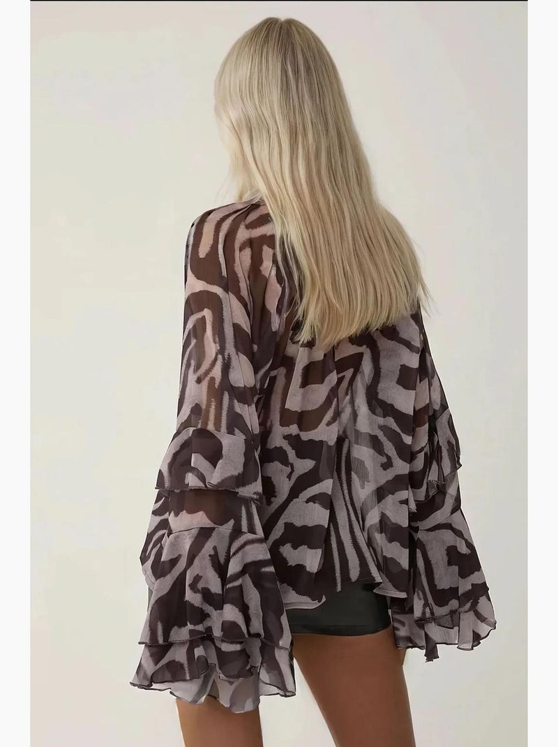 Blouse à volants imprimé zèbre manches longues en voile hiccup Multicolore - Kiabi
