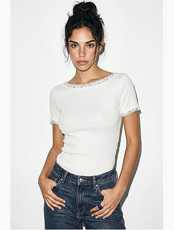 Blouse ajustée à col bateau et dentelle lucci