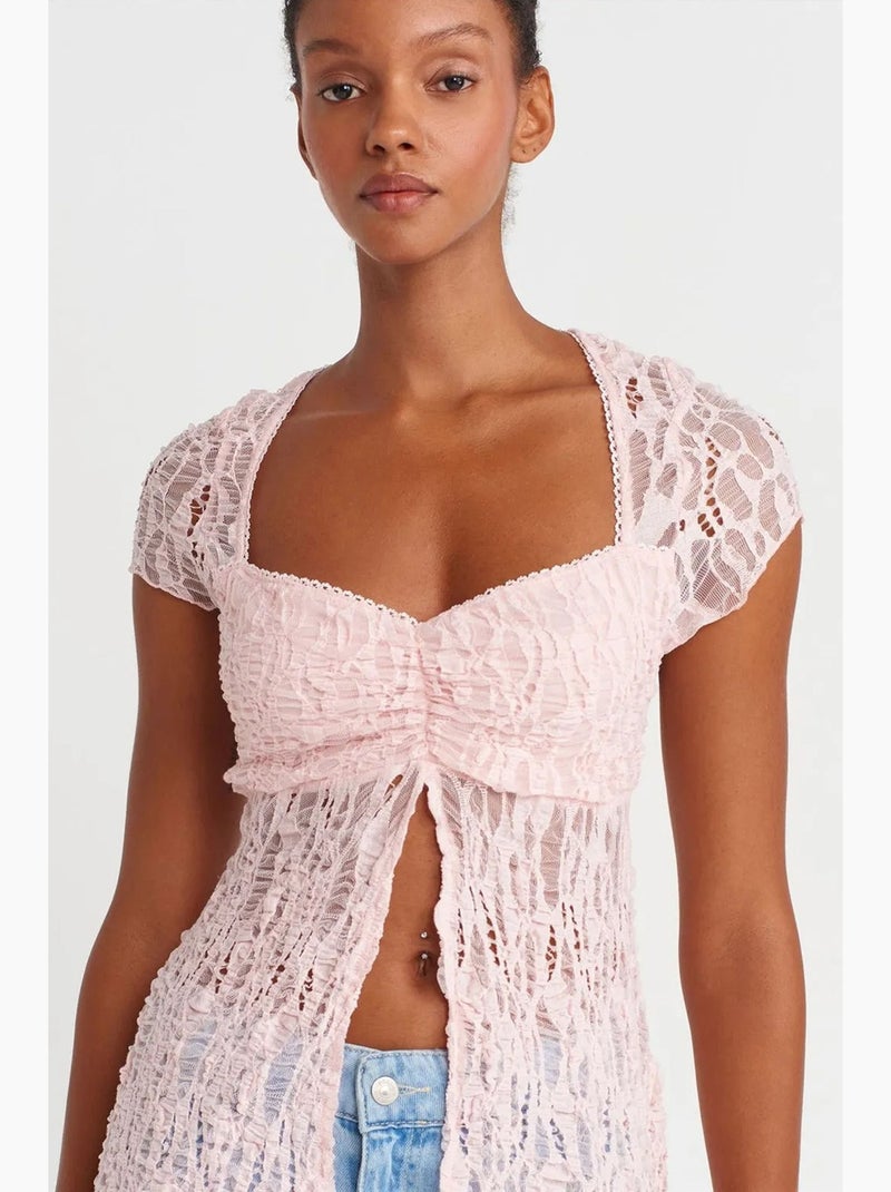 Blouse ajustée en dentelle à col carré dilvin Rose pâle - Kiabi