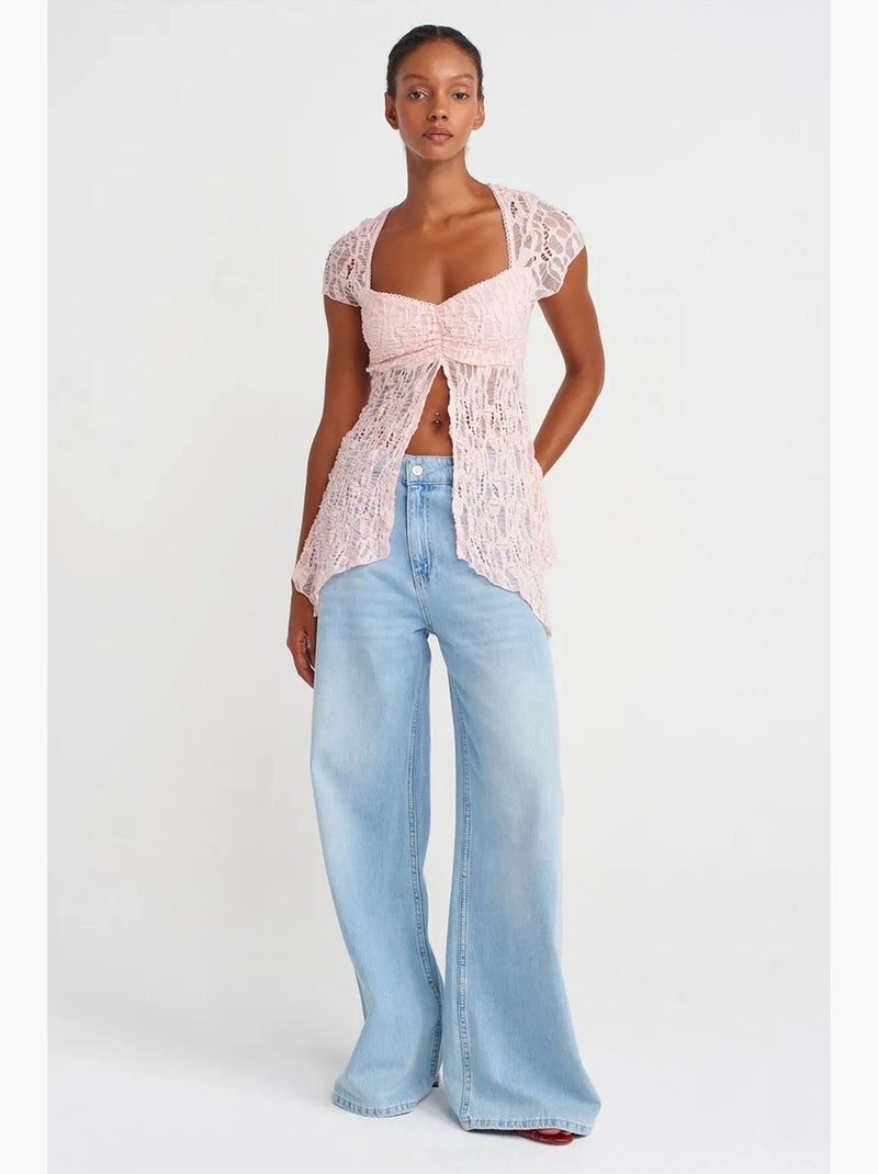 Blouse ajustée en dentelle à col carré dilvin Rose pâle - Kiabi