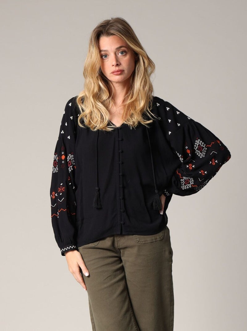 Blouse ample à manches longues ballon brodées 'Deeluxe' Noir - Kiabi