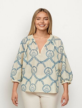 Blouse ample broderies ajourées manches 3/4 - AFIBEL