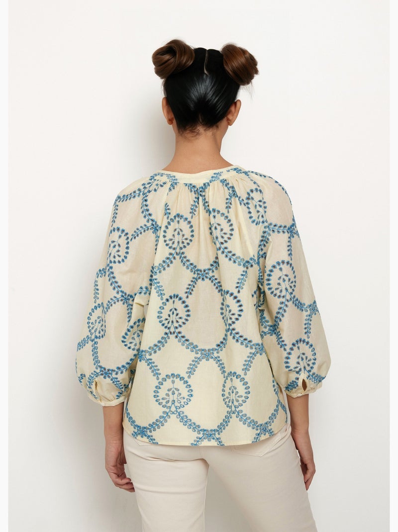 Blouse ample broderies ajourées manches 3/4 - AFIBEL Ecru - Kiabi