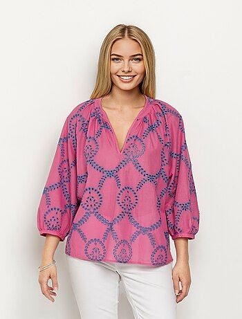 Blouse ample broderies ajourées manches 3/4