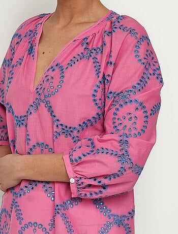 Blouse ample broderies ajourées manches 3/4