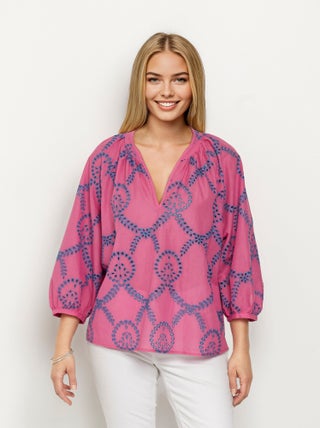 Blouse ample broderies ajourées manches 3/4