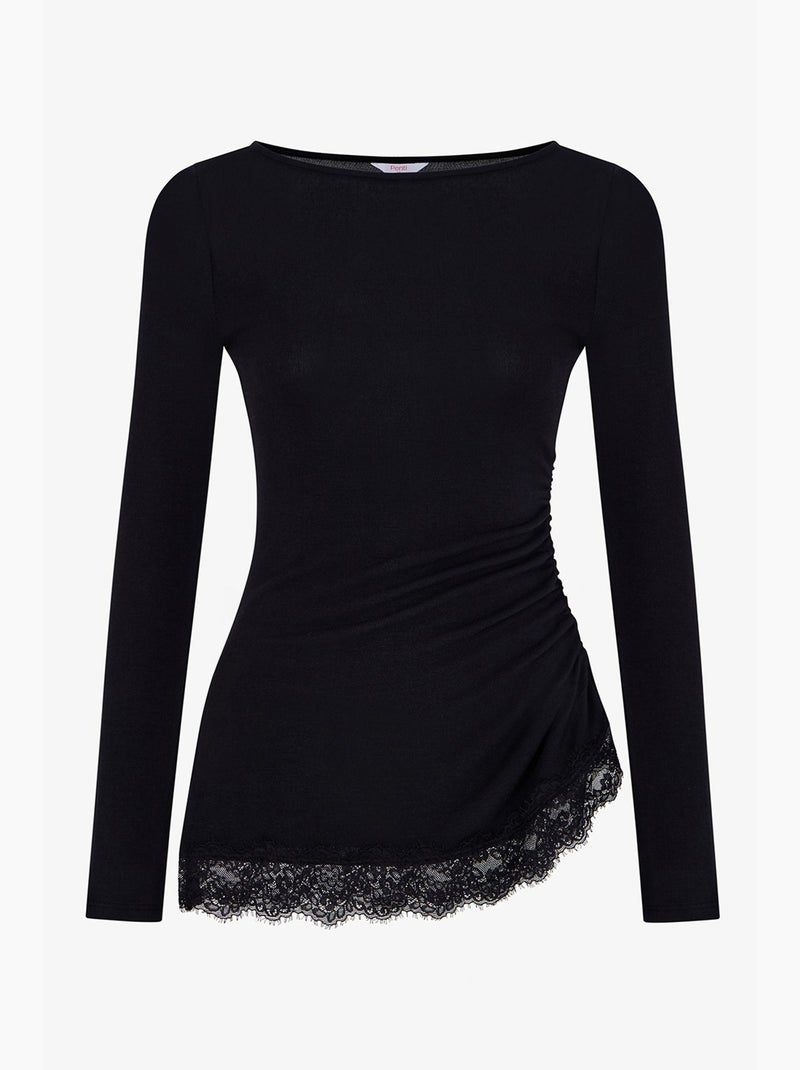 Blouse asymétrique à détail en dentelle et manches longues penti Noir - Kiabi