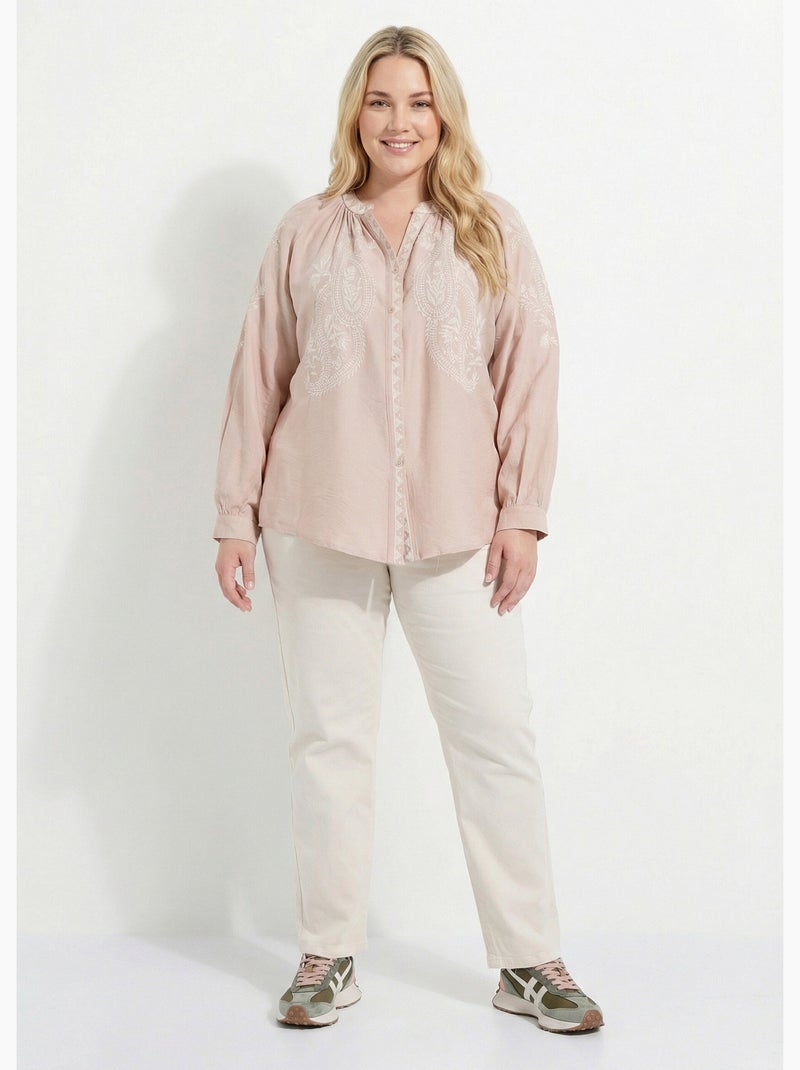 Blouse avec broderies et petit col V - AFIBEL Beige - Kiabi