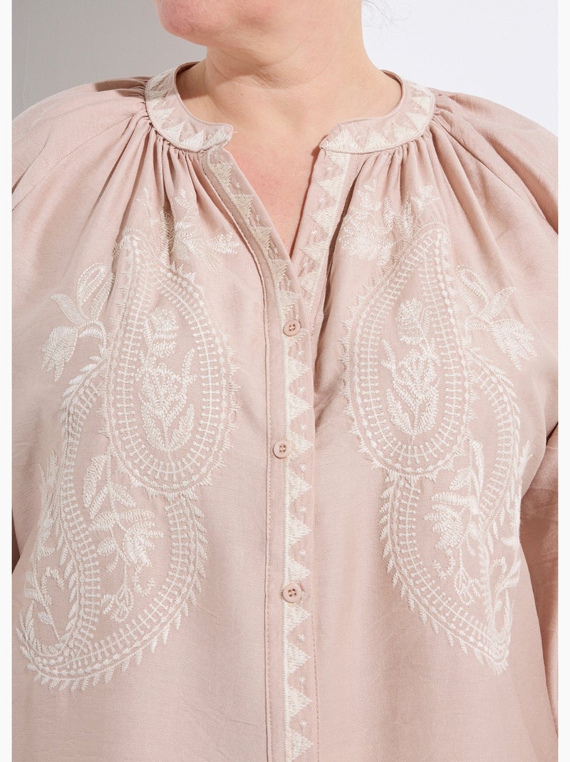Blouse avec broderies et petit col V - AFIBEL Beige - Kiabi