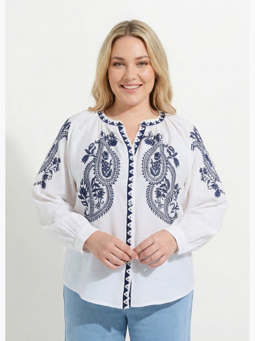 Blouse avec broderies et petit col V - AFIBEL - Kiabi