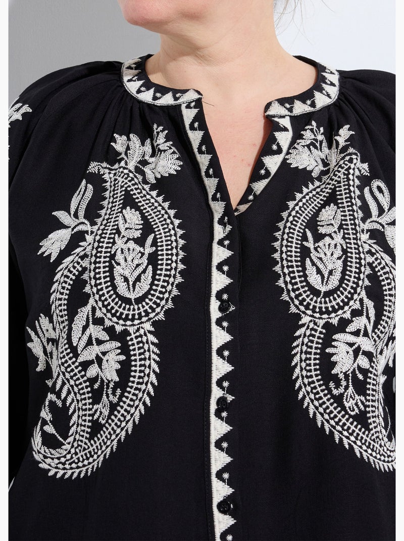 Blouse avec broderies et petit col V - AFIBEL Noir Ecru - Kiabi