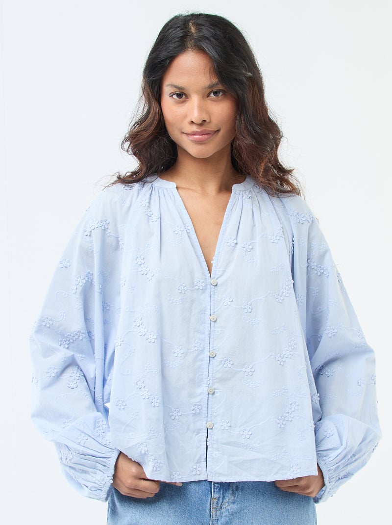 Blouse avec broderies fleurs Bleu - Kiabi