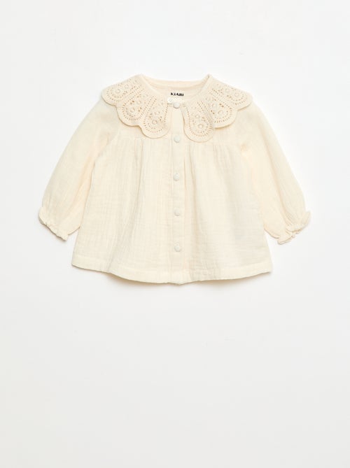 Blouse avec col crochet en gaze de coton uni - Kiabi