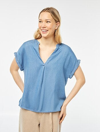 Blouse avec col mao et manches courtes à revers