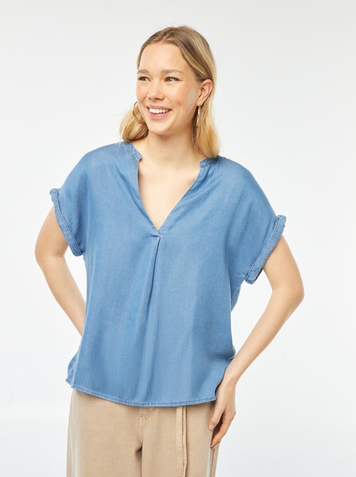 Blouse avec col mao et manches courtes à revers - Kiabi