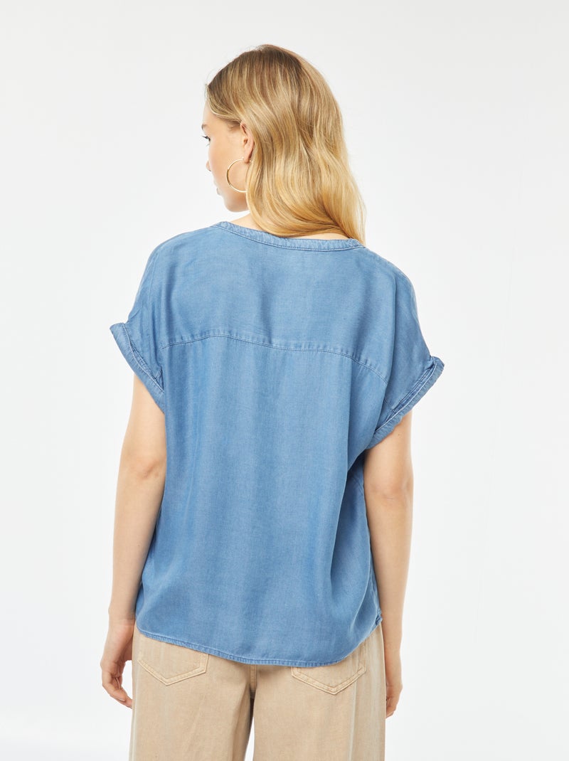 Blouse avec col mao et manches courtes à revers BLEU - Kiabi