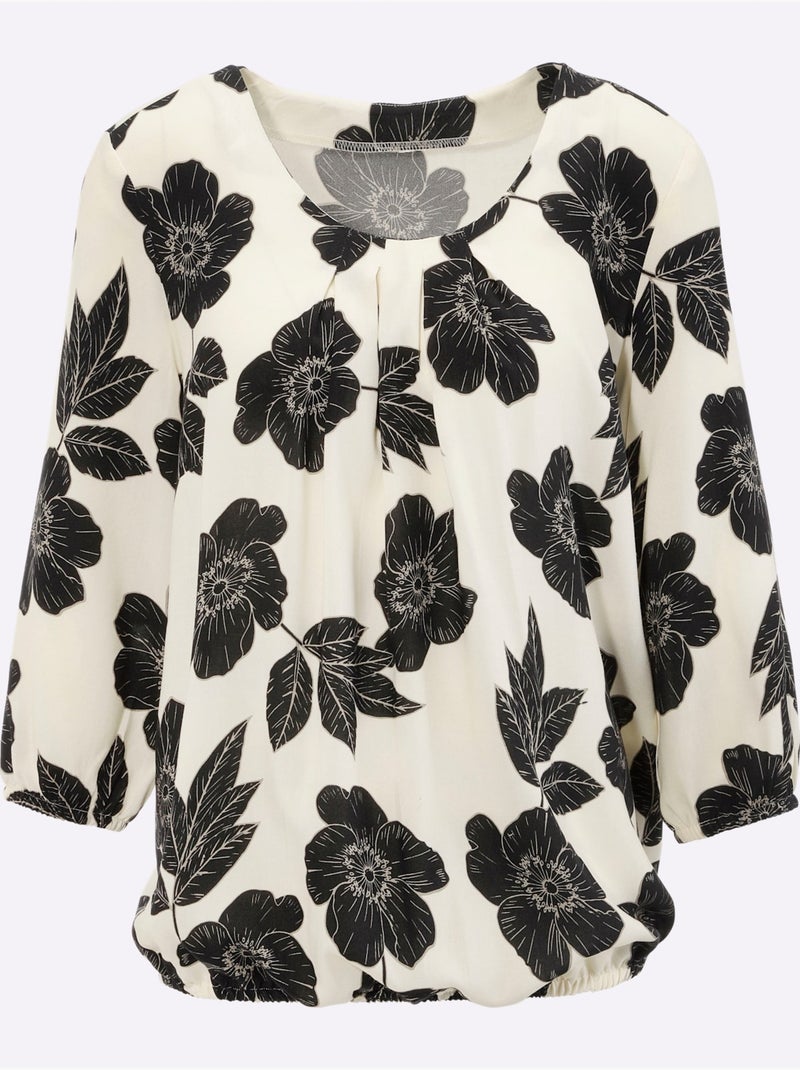 Blouse avec col rond et manches 3/4 à motif floral - Taille standard - Moda Vilona Blanc Noir - Kiabi