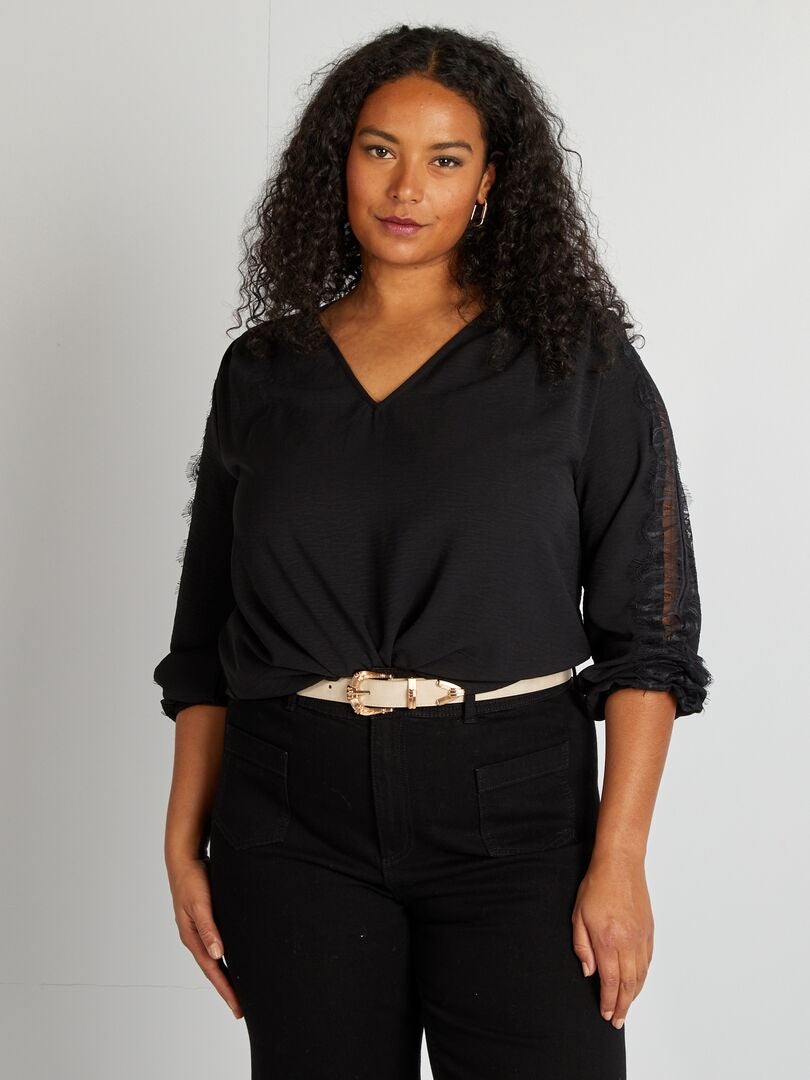 Blouse avec dentelles sur les manches noir - Kiabi