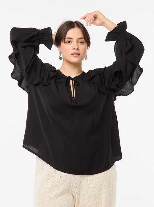Blouse avec épaules et poignets volantés + liens à nouer au col - Kiabi