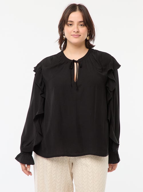 Blouse avec épaules et poignets volantés + liens à nouer au col - Kiabi