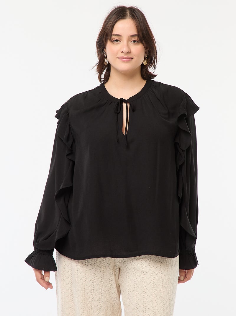 Blouse avec épaules et poignets volantés + liens à nouer au col Noir - Kiabi