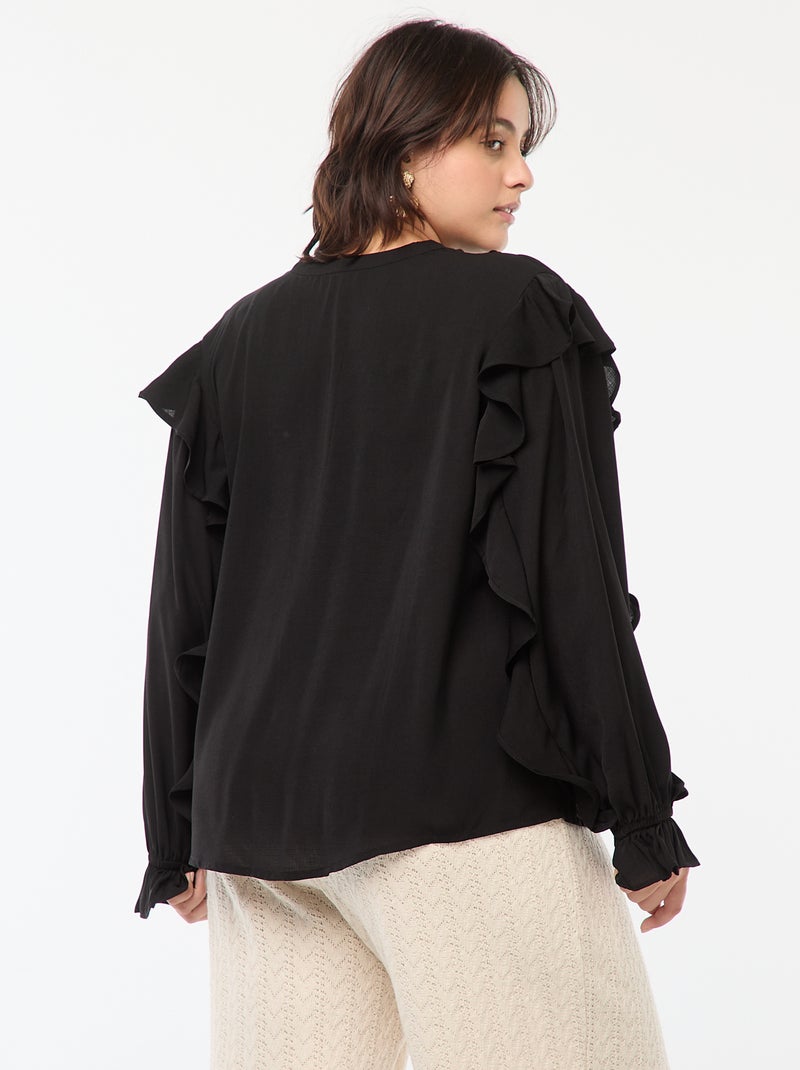 Blouse avec épaules et poignets volantés + liens à nouer au col Noir - Kiabi