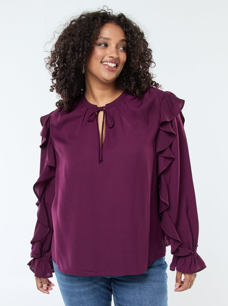 Blouse avec épaules et poignets volantés + liens à nouer au col Violet - Kiabi