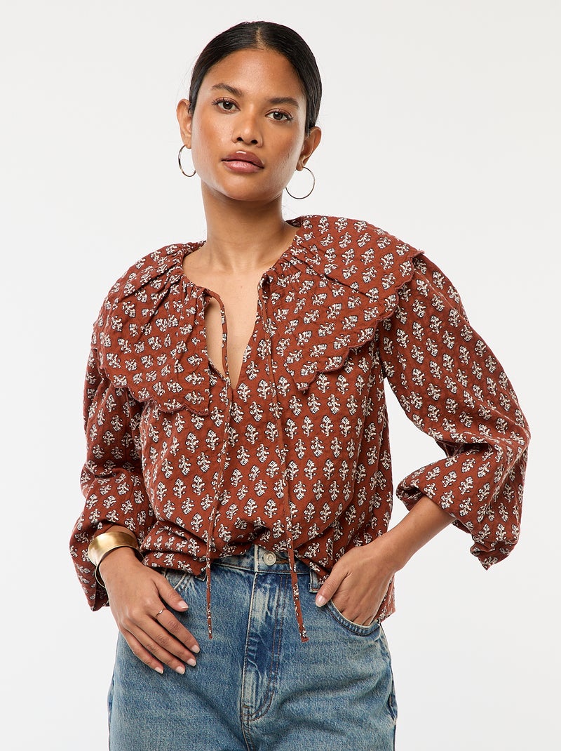 Blouse avec large col claudine Marron - Kiabi