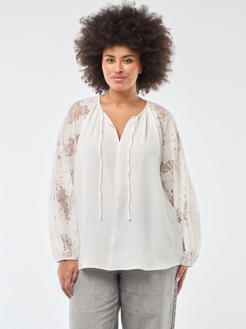 Blouse avec manches longues en dentelle et ouverture par lien au col - Kiabi