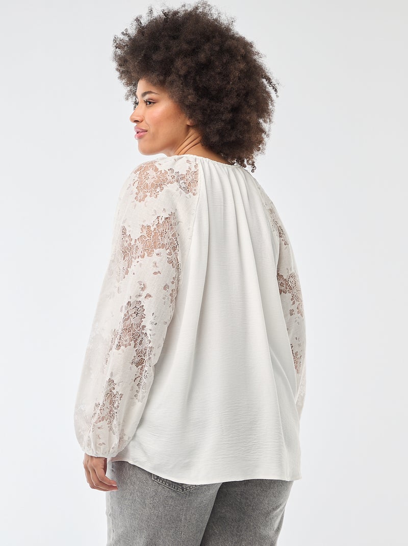 Blouse avec manches longues en dentelle et ouverture par lien au col Beige - Kiabi