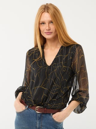 Blouse avec motif et fils argentés en maille fluide transparente