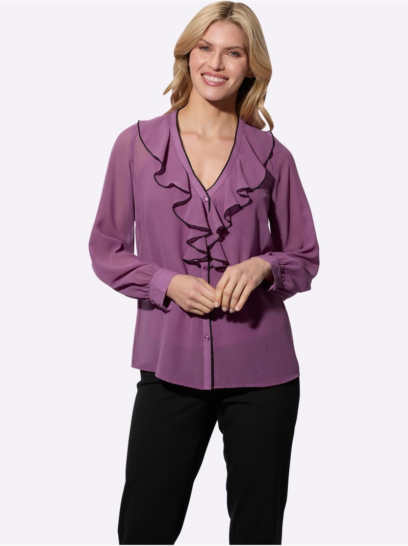 Blouse avec volants à col en V et manches longues - Taille standard - Moda Vilona Violet - Kiabi