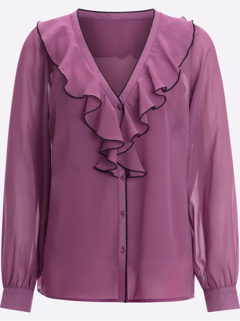 Blouse avec volants à col en V et manches longues - Taille standard - Moda Vilona Violet - Kiabi