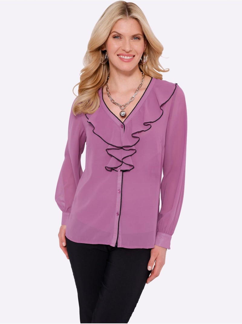 Blouse avec volants à col en V et manches longues - Taille standard - Moda Vilona Violet - Kiabi