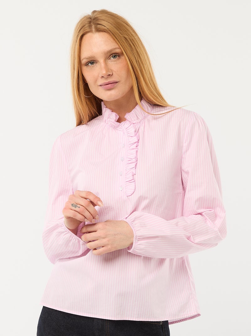 Blouse avec volants au col et à l'ouverture Rose - Kiabi