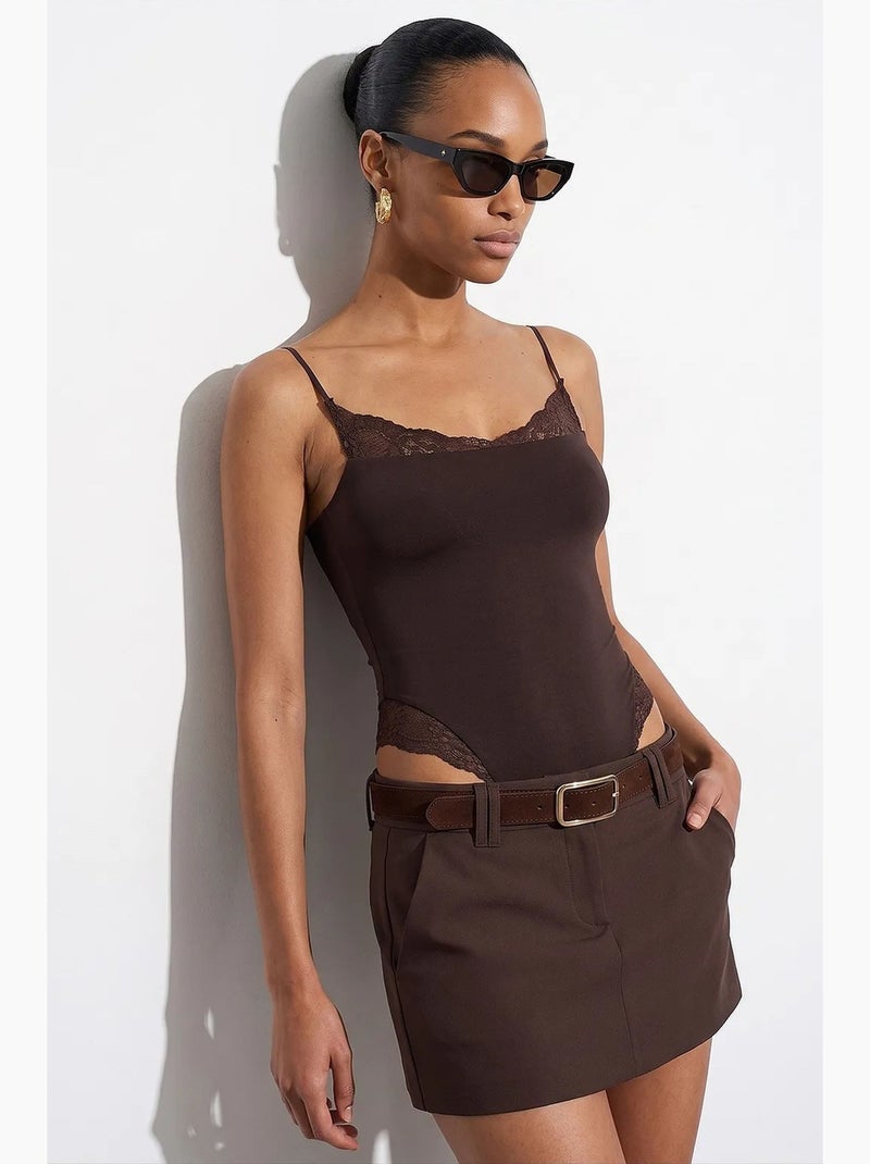 Blouse body sans manches en dentelle, coupe slim dilvin Marron chocolat - Kiabi