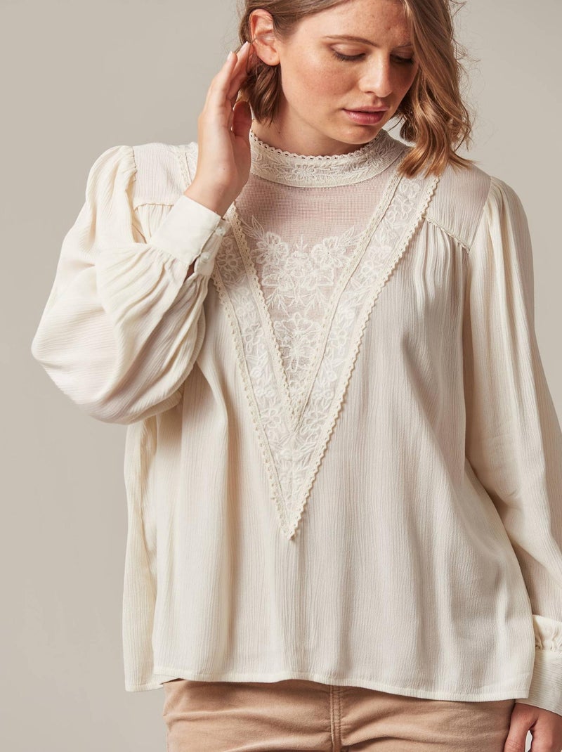 Blouse bohème avec dentelle et effet de transparence sur le décolleté  'Deeluxe' Blanc - Kiabi
