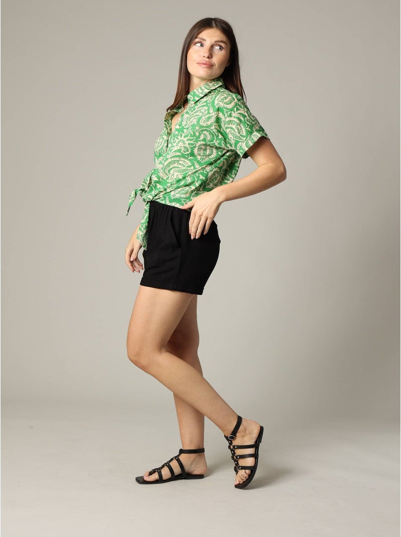 Blouse bohème en viscose slub à col chemise et manches courtes 'Deeluxe' Vert - Kiabi