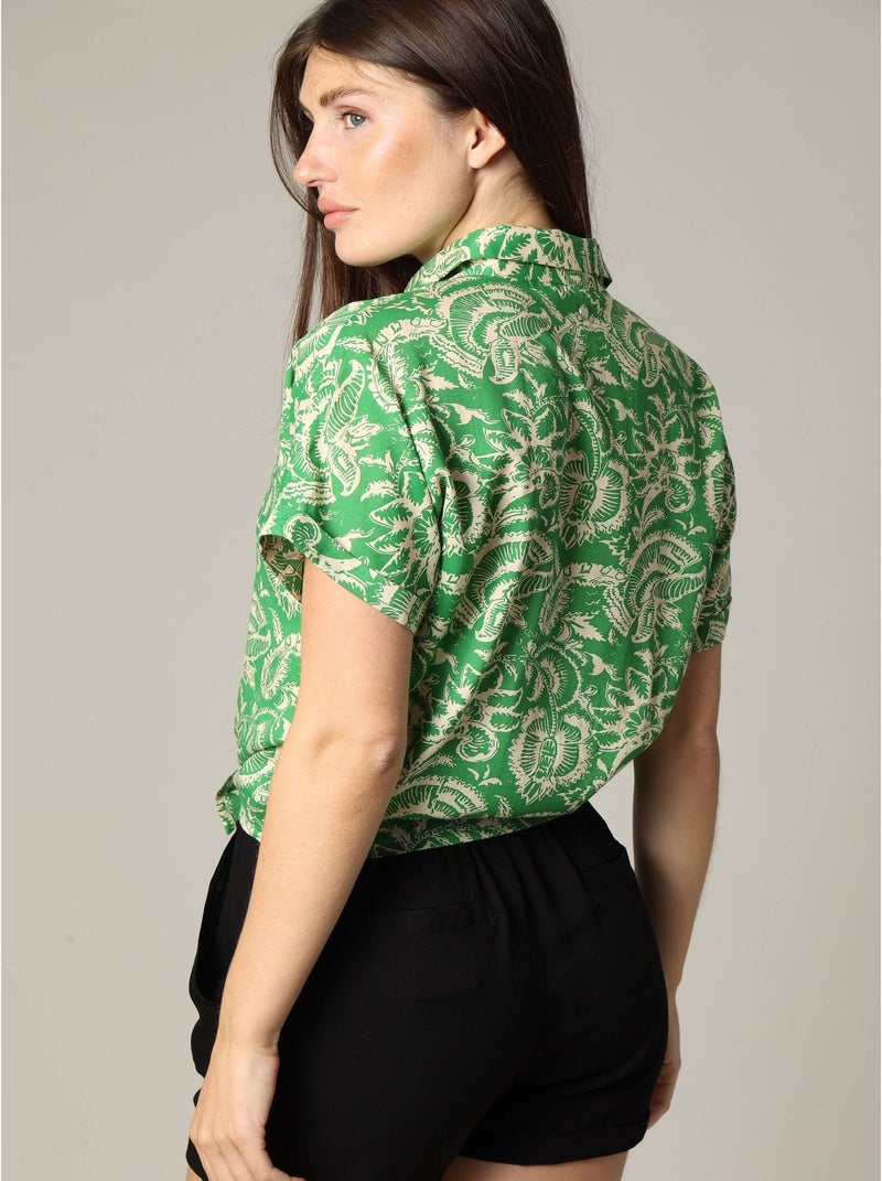 Blouse bohème en viscose slub à col chemise et manches courtes 'Deeluxe' Vert - Kiabi