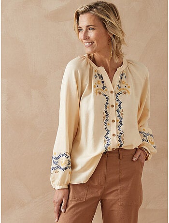 Blouse boutonnée brodée avec lin - DAXON