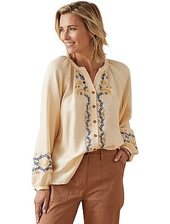 Blouse boutonnée brodée avec lin