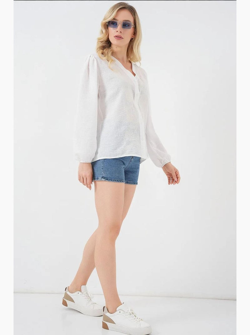 Blouse brodée à col en v boutonnée bdart Crème - Kiabi