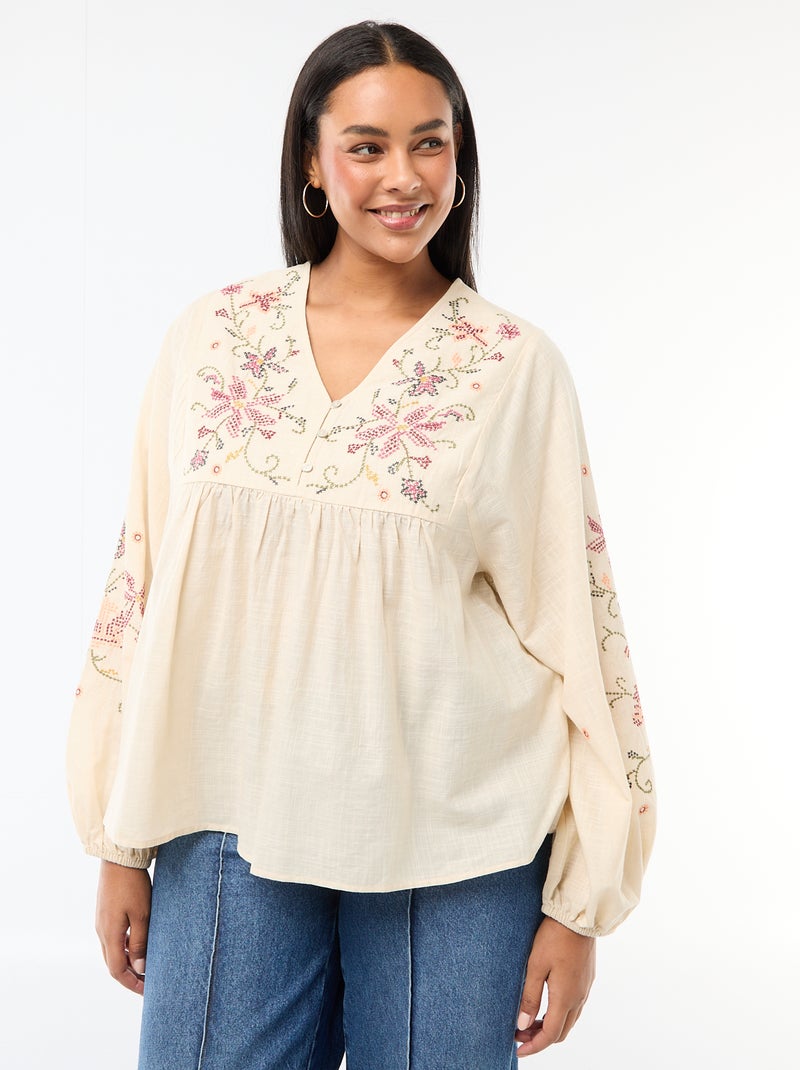 Blouse brodée à fleurs Beige - Kiabi