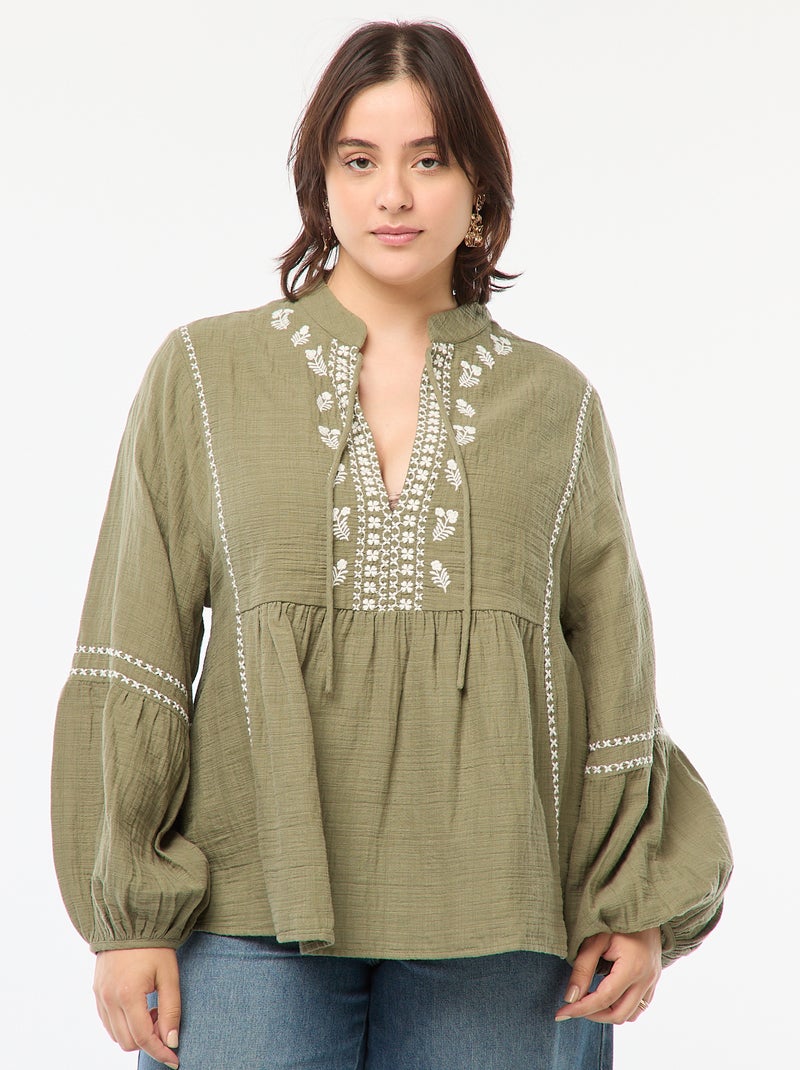 Blouse brodée à manches longues Vert - Kiabi