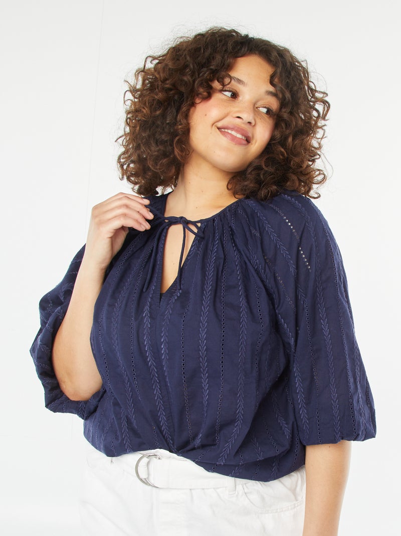Blouse brodée avec manches 3/4 BLEU - Kiabi