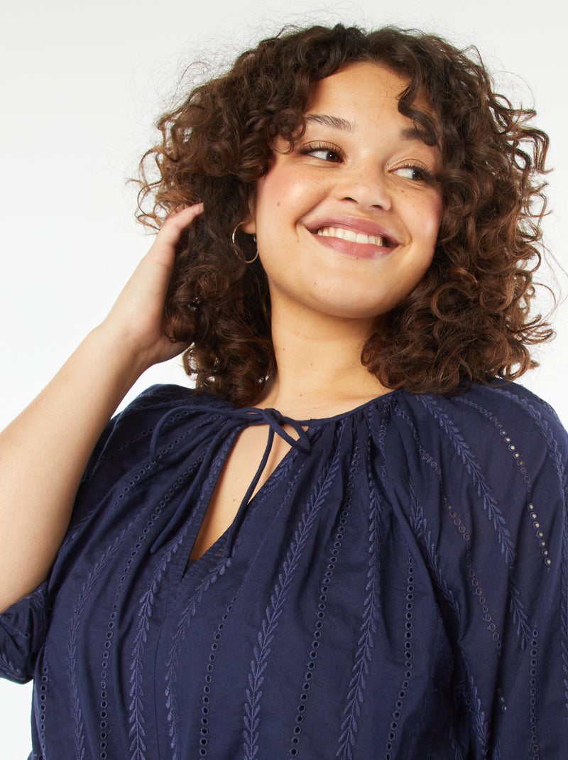 Blouse brodée avec manches 3/4 BLEU - Kiabi