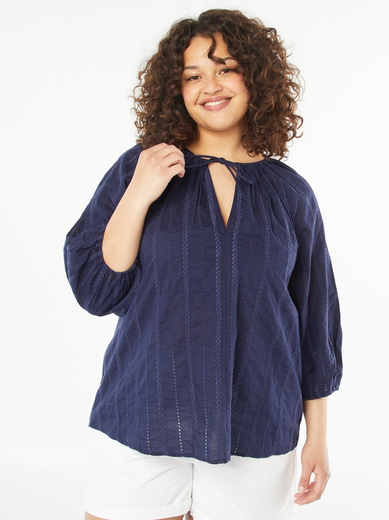 Blouse brodée avec manches 3/4 BLEU - Kiabi
