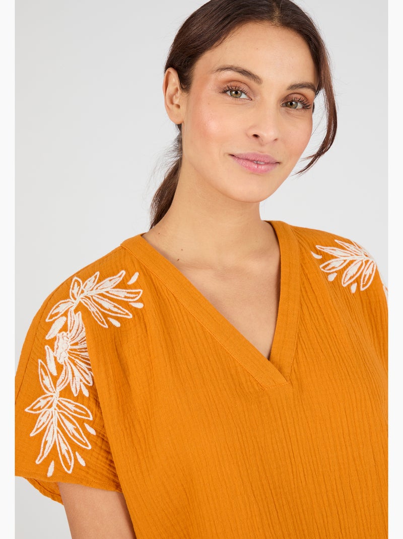 Blouse brodée en double gaze effet crêpé - Damart Orange - Kiabi