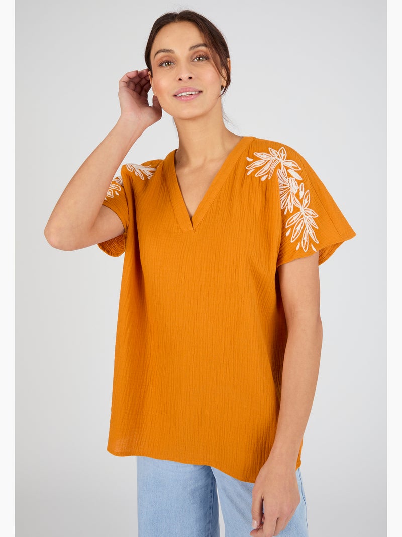 Blouse brodée en double gaze effet crêpé - Damart Orange - Kiabi